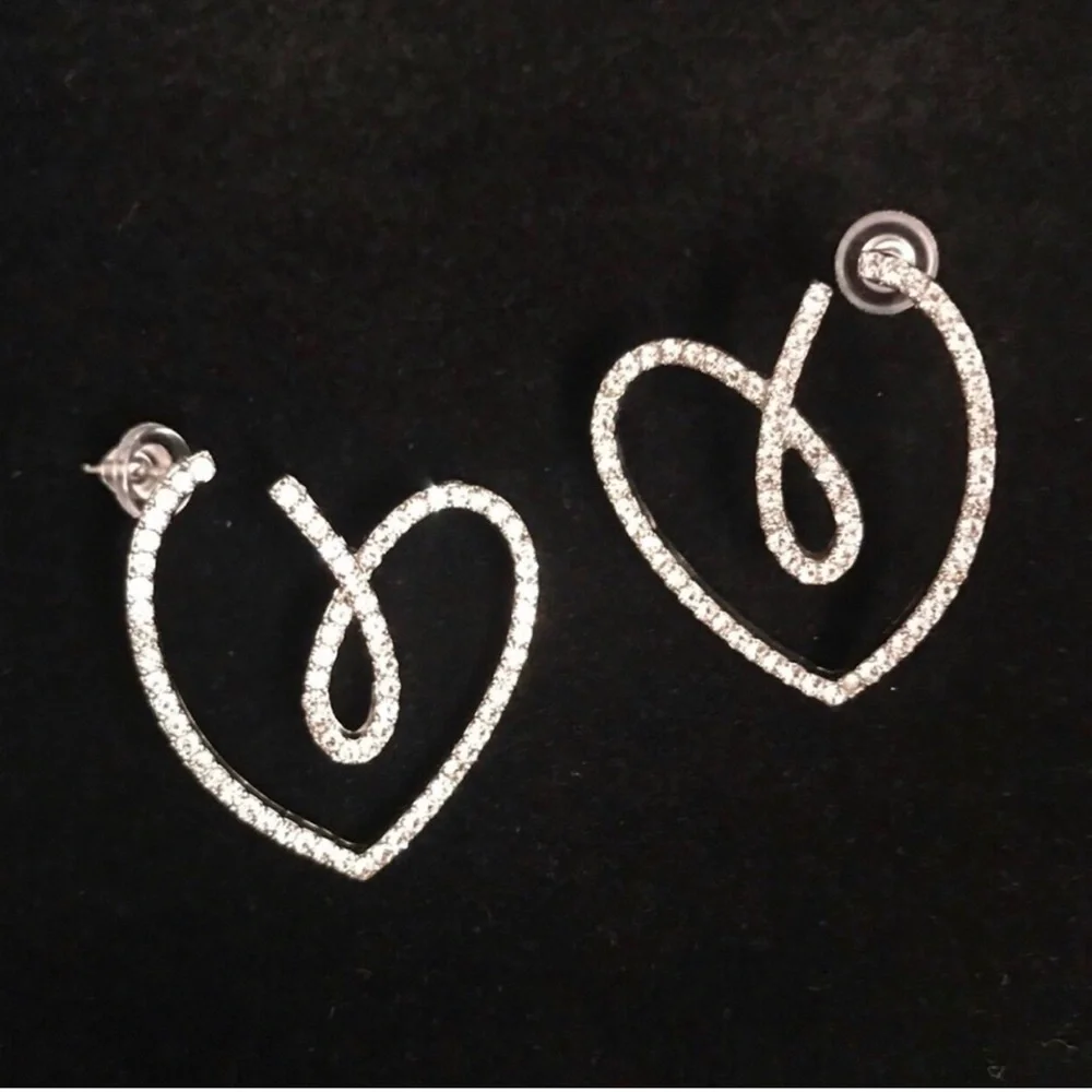 Silver Crystal Heart Loop Stud Earrings
